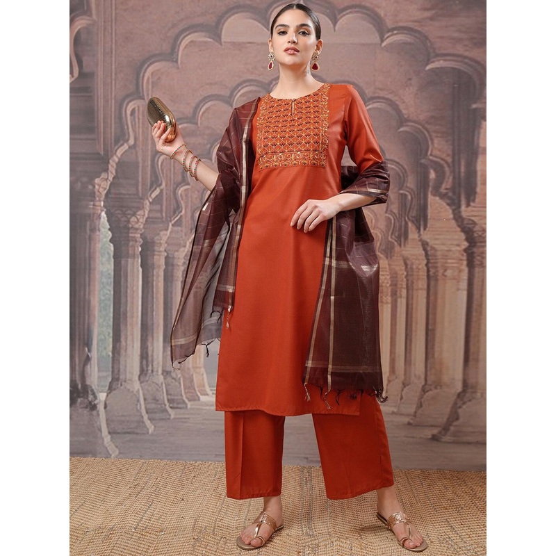 Vishudh Embroidered Regular Thread Work Kurta with Palazzo & Dupatta
