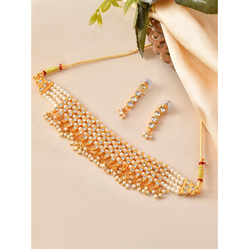 VOJ Gold Plated Stone-Studded & Beaded Jewellery Set
