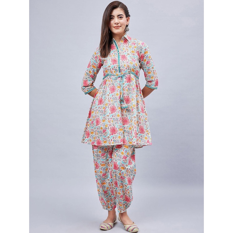 WineRed Floral Printed Shirt Collar Three-Quarter Sleeves Pure Cotton Tunic With Trouser
