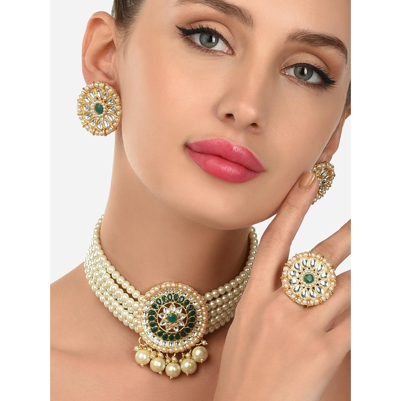 Zaveri Pearls Green & Gold Plated Beaded Choker Jewellery Set