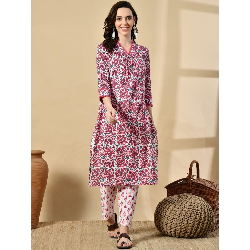 ZHOF Floral Printed Pure Cotton Straight Kurta With Trousers
