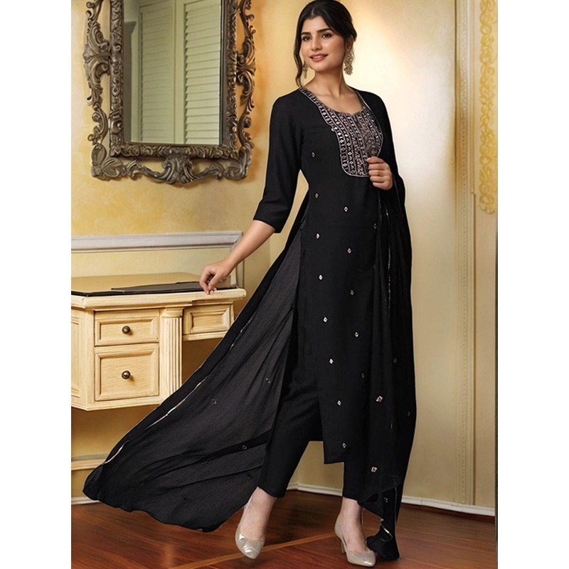 Aaghnya Women Floral Embroidered Regular Thread Work Kurta with Trousers & With Dupatta