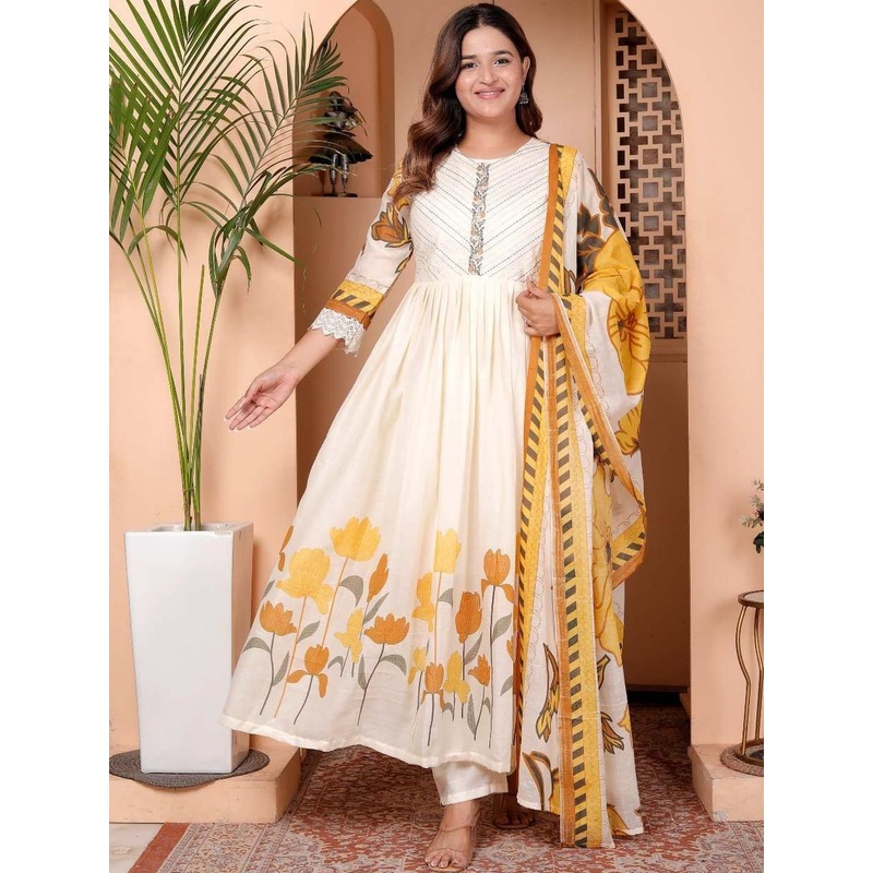 AFFO Women Floral Printed Thread Work Kurta Set With Dupatta