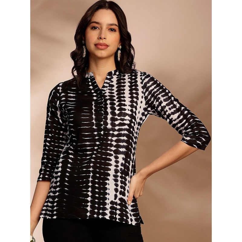 Anouk Black & White Tie & Dye Printed Band Collar Pure Cotton Straight Short Kurti