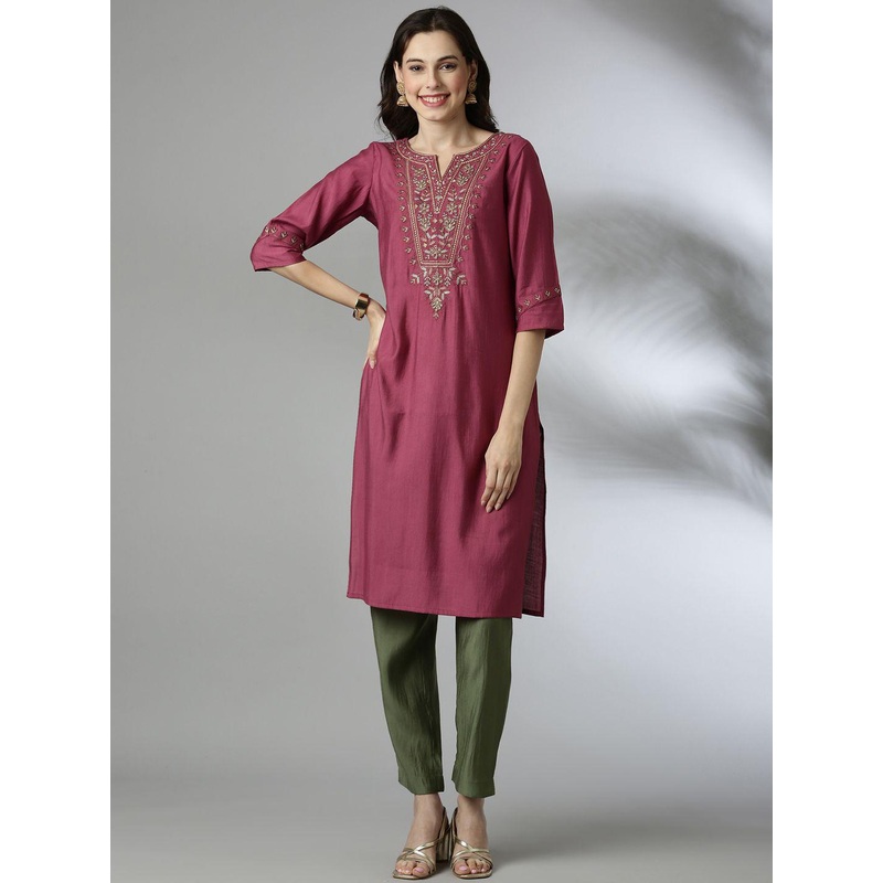 Anouk Floral Embroidered Zari Work Notch Neck Straight Kurta