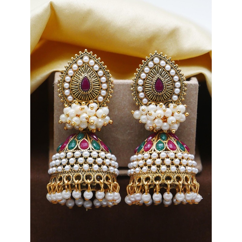 Anouk Gold-Plated Artificial Stones Studded And Beaded Dome Shaped Jhumkas