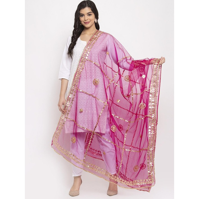 Clora Creation Magenta & Gold-Toned Net Dupatta With Embellished Gotta Patti