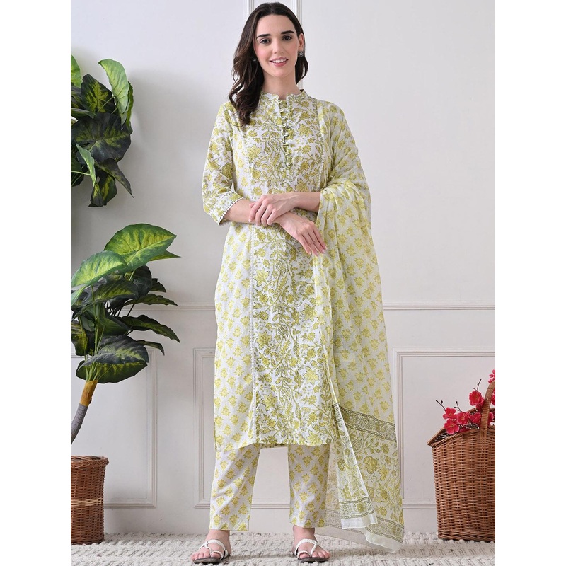 HERE&NOW Floral Printed Mandarin Collar Pure Cotton Kurta & Trousers With Dupatta