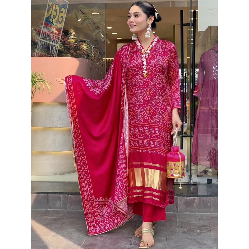 HERE&NOW Women Bandhani Printed Regular Thread Work Pure Silk Kurta with Palazzos & With Dupatta