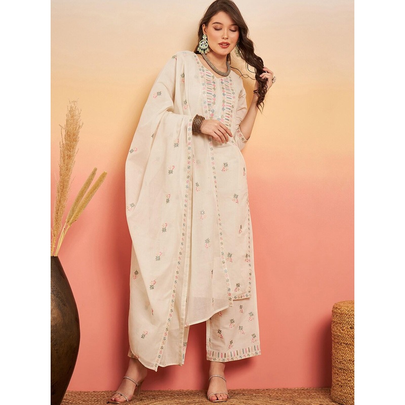 House of Pataudi Floral Embroidered Pure Cotton Kurta With Palazzos & Dupatta