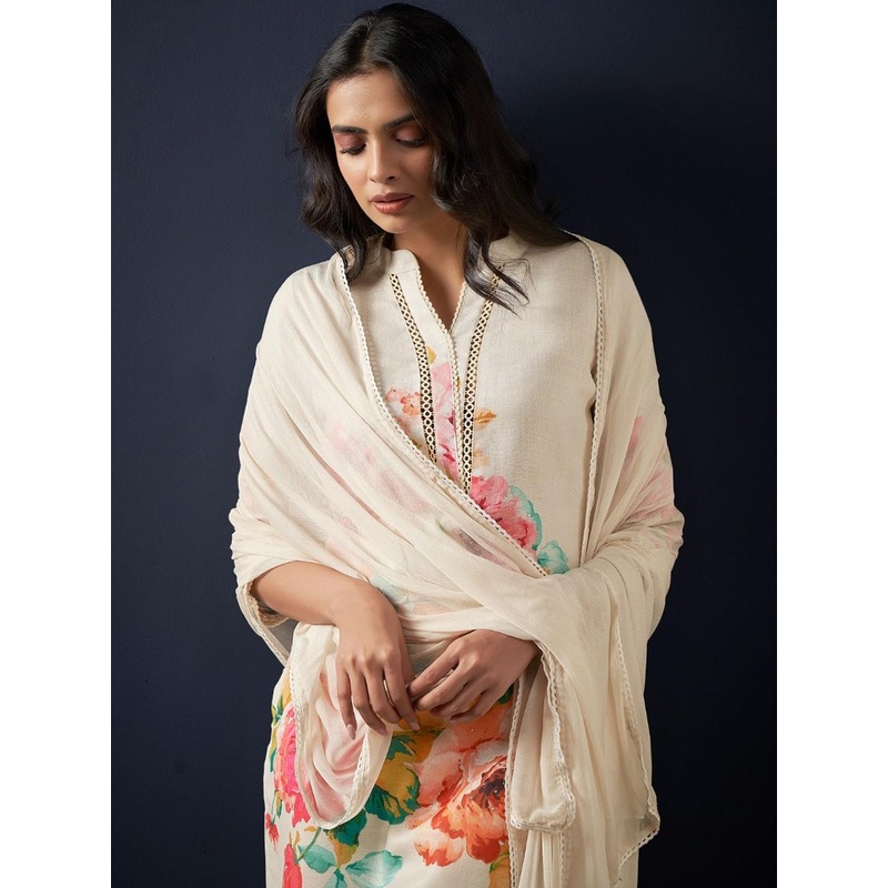Indo Era Women Floral Printed Regular Linen Kurta with Trousers & With Dupatta