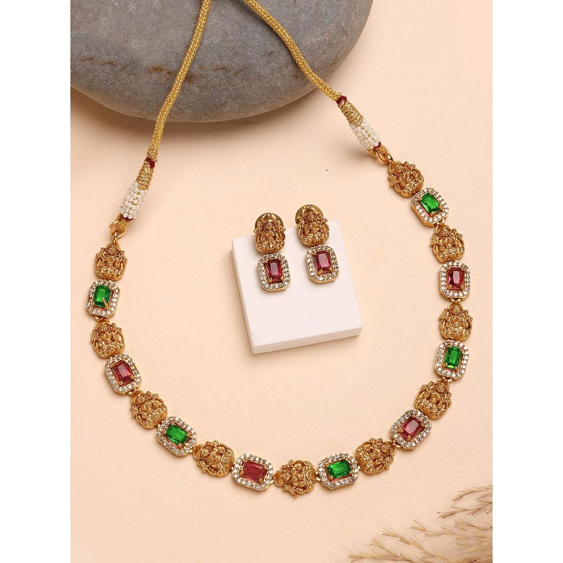 KARATCART Gold-Plated American Diamond Studded Lakshmi Temple Design Jewellery Set