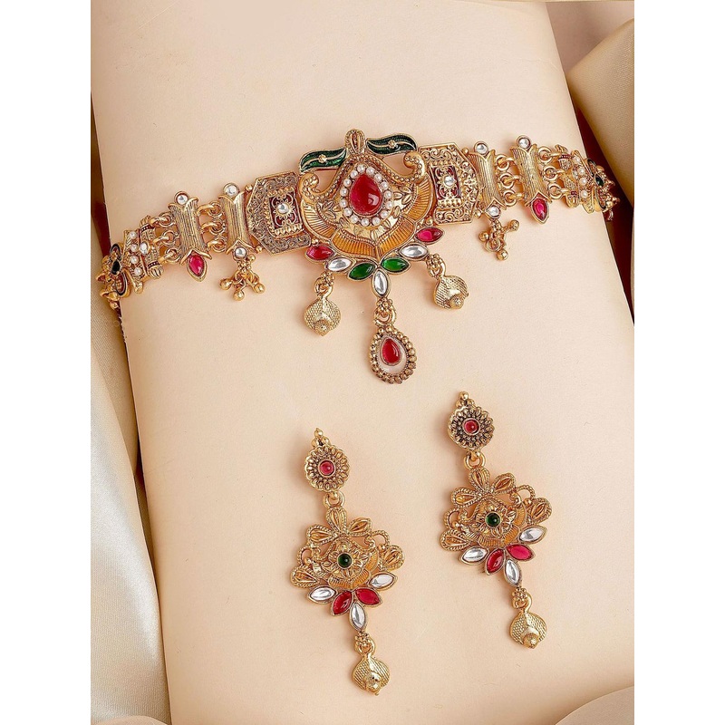 KARATCART Gold Plated Traditional Choker Necklace Set With Red & Green Stones