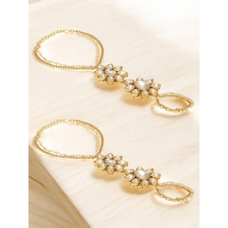 OOMPH Set of 2 Kundan Stone Studded & Beaded Hathphool Hathpanja Ring Bracelets
