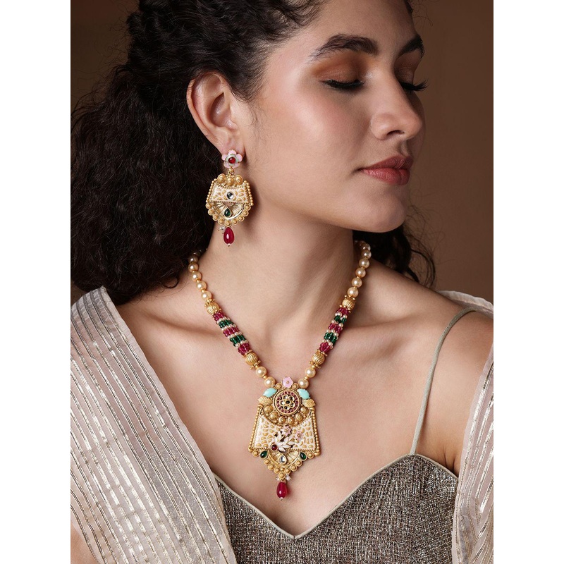 PANASH Gold Plated Stones Studded & Beaded Jewellery Set