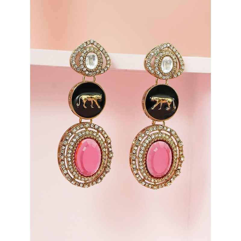 Rubans 24K Gold-Plated Drop Earrings with Black Enamel, Pink Gemstone & Zirconia Detailing