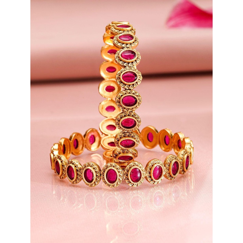 Rubans Set of 2, 22K Gold-Plated Ruby Pink Stone Studded Traditional Bangles