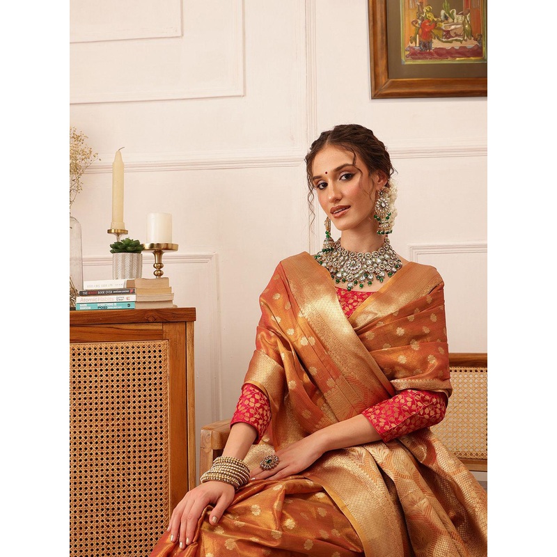 Silk Land Women Woven Design Floral Printed Kanjeevaram Saree