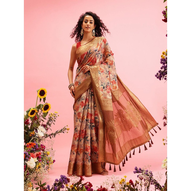 Silk Land Woven Banarasi Floral  Digital Print Saree