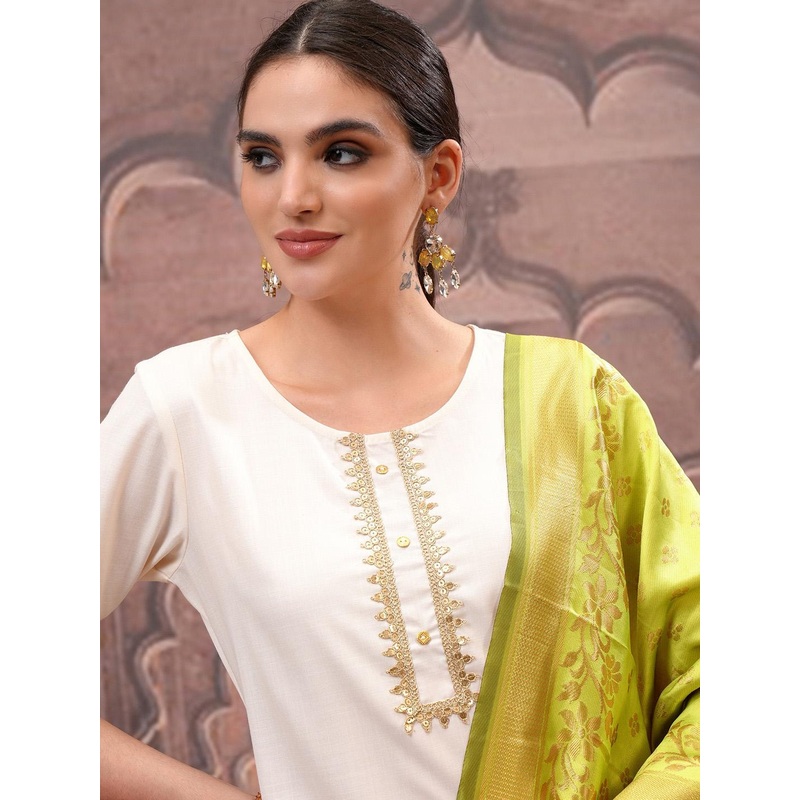 Vishudh Cream Embroidered Straight Kurta with Palazzo & Dupatta