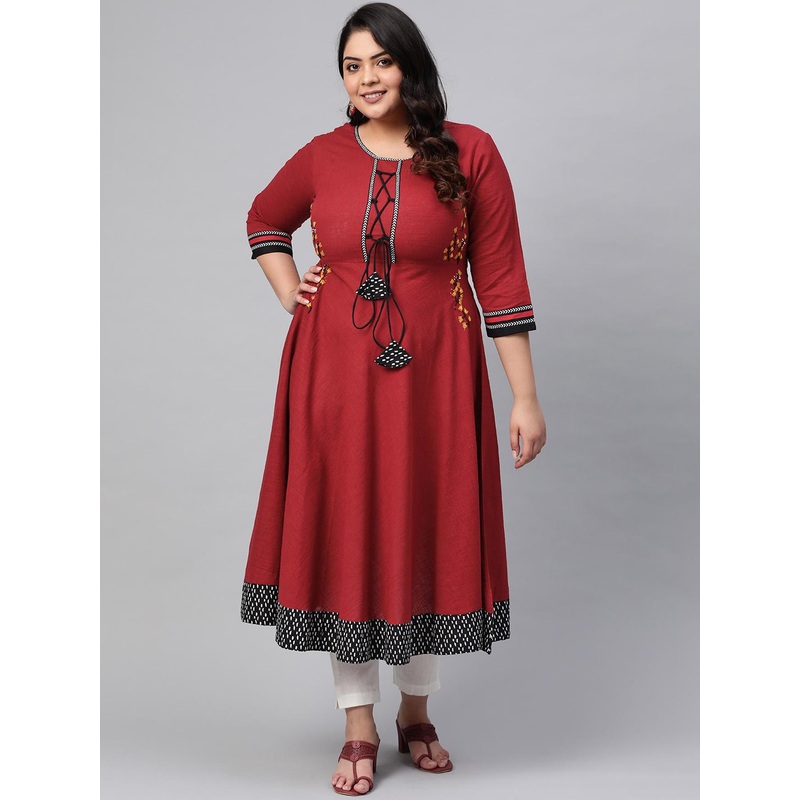 YASH GALLERY Women Plus Size Maroon Embroidered Detail A-Line Kurta