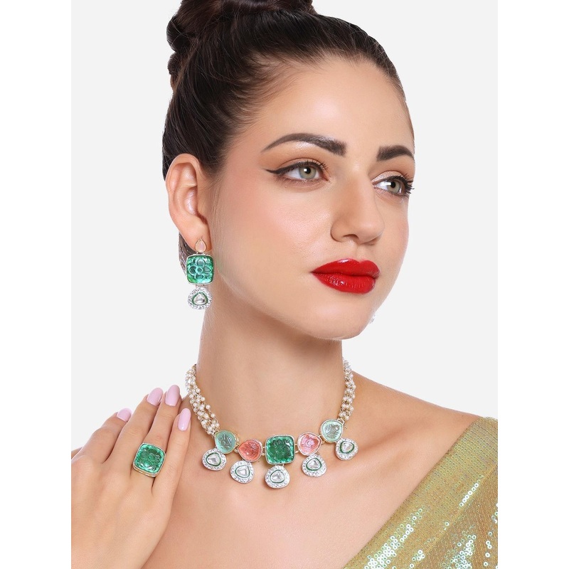 Zaveri Pearls Gold-Plated Artificial Stones & Beads Studded Jewellery Set