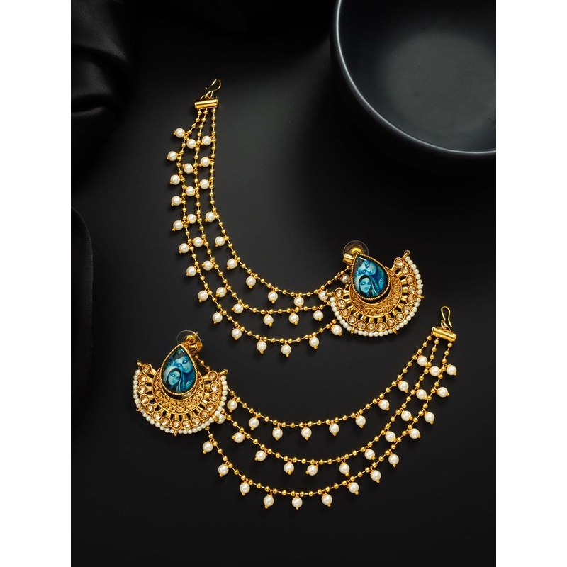 aadita Gold-Plated Kundan Studded & Artificial Beaded Contemporary Shaped Ear Chains