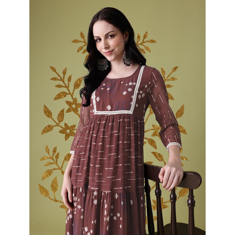 Anouk Ethnic Motifs Print Lace Insert Tiered A-Line Kurta