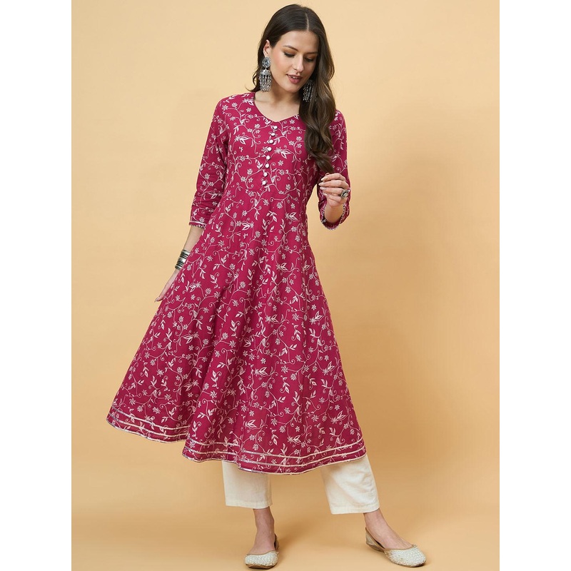 Azira Floral Printed Gotta Patti Anarkali Cotton Kurta