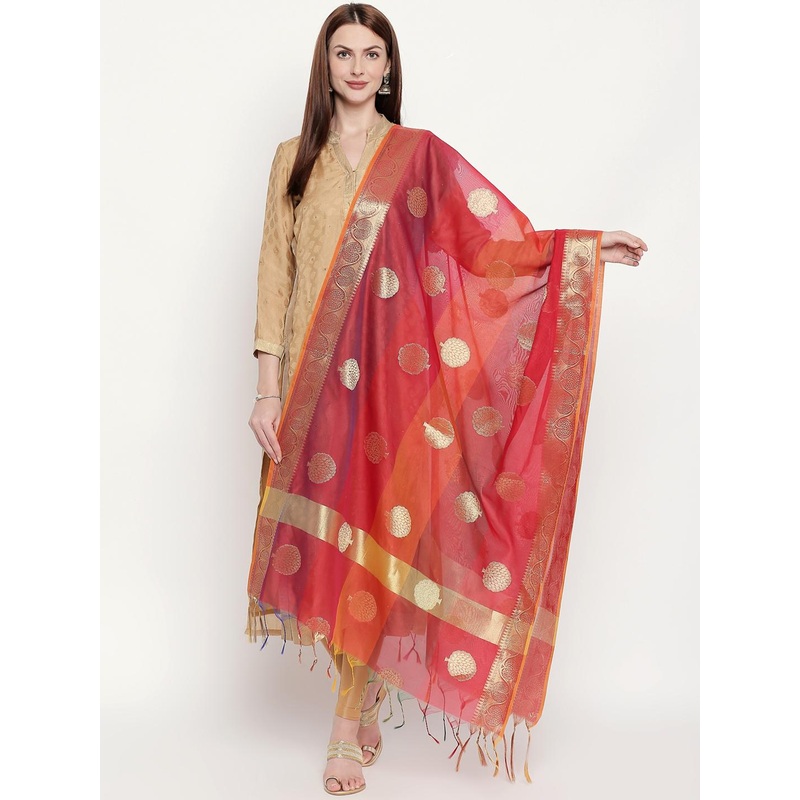 Dupatta Bazaar Red & Orange Banarasi Woven Design Dupatta