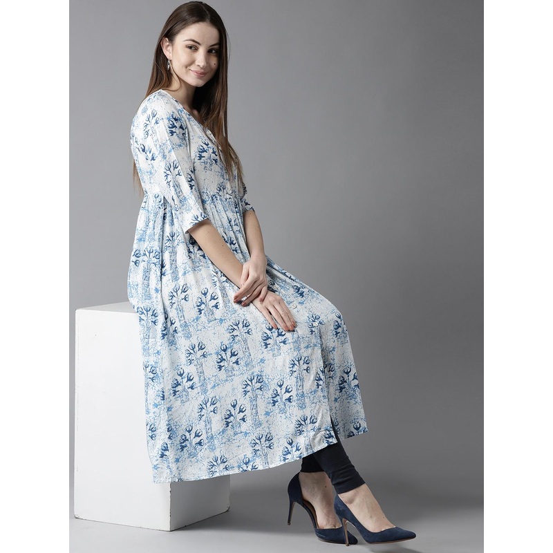 HERE&NOW Women White & Blue Printed A-Line Kurta