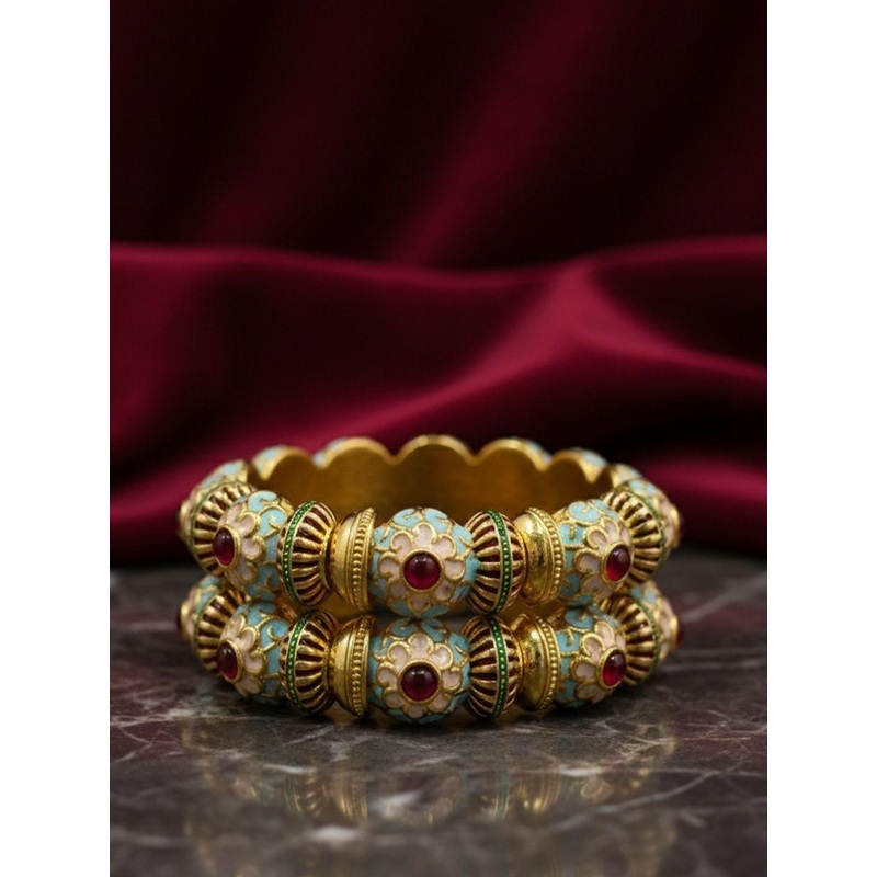 PANASH Set Of 2 24KT Gold-Plated Ruby & Emerald Stones Studded Flower Shaped Bangles