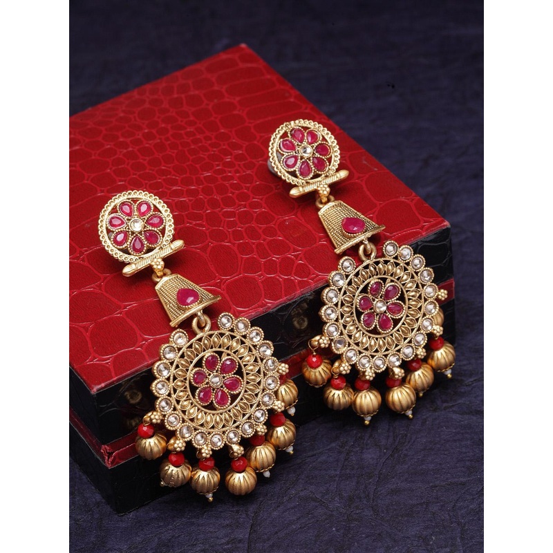 PANASH Women Gold-Plated & Red Circular Drop Earrings