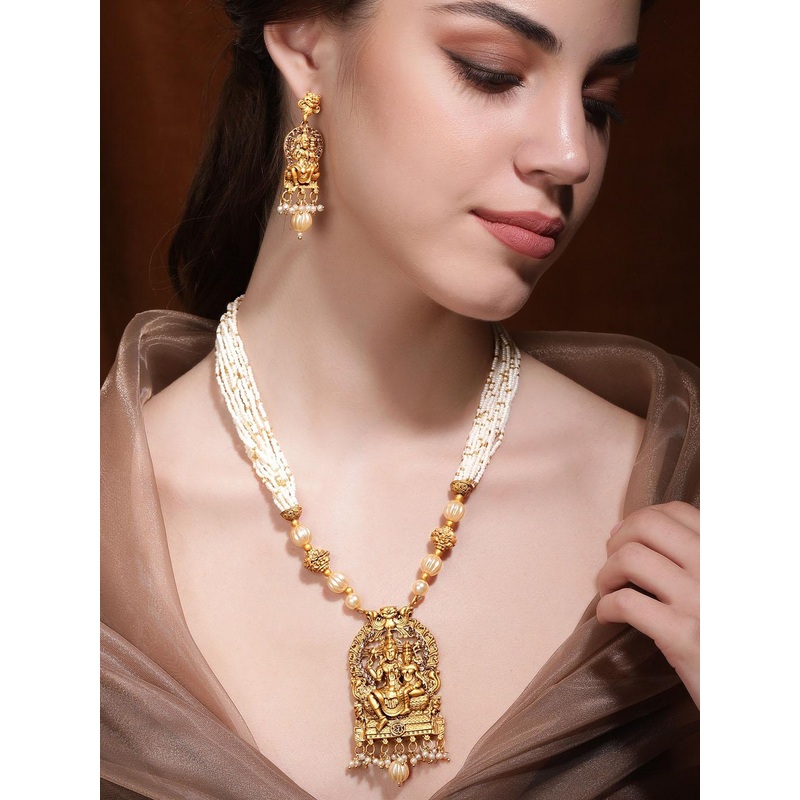 Rubans 22K Gold-Plated Divine Lakshmi Narayan Motif Temple Jewellery Set with Pearls Beads