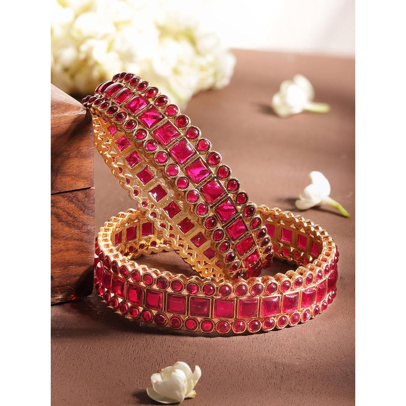 Rubans Set of 2 Gold Plated Pink Crystal Kemp Stones Studded Premium Bangles