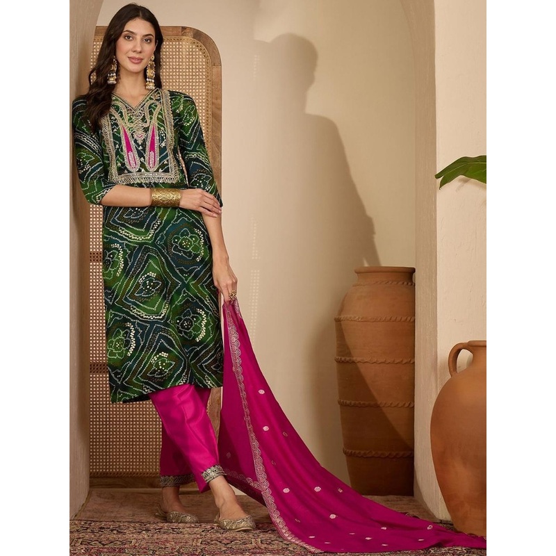 Sangria Bandhani Printed V-Neck Thread Work Kurta With Patiala & Dupatta