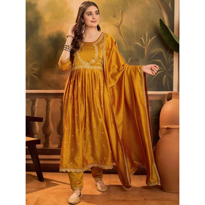 Sangria Zari & Sequin Embroidered A-Line Kurta & Trousers With Dupatta