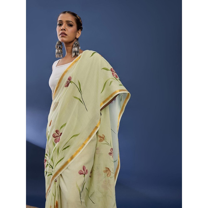 Taavi Floral Hand Block Print Pure Cotton Saree With Blouse