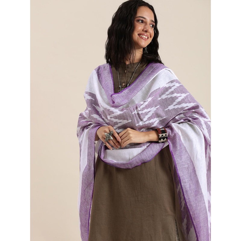 Taavi White & Lavender Woven Design Pure Cotton Ikat Dupatta