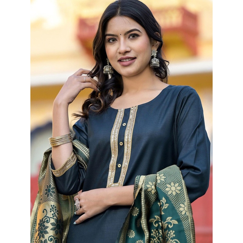 Vishudh Green Round Neck Embellished Straight Kurta & Palazzos With Dupatta