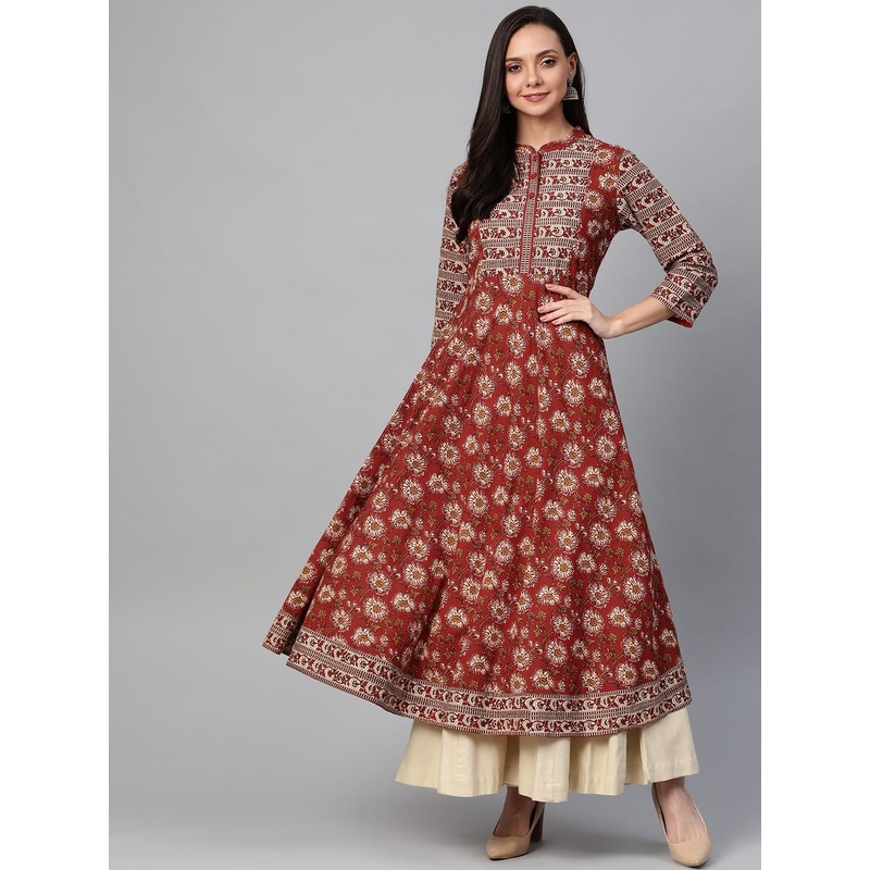 YASH GALLERY Women Maroon & Cream-Coloured Floral Printed Anarkali Kurta