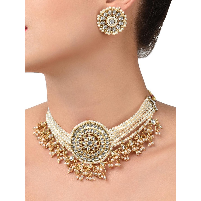 Zaveri Pearls Gold-Plated & White Kundan & Faux Pearls Multistrand Choker Jewellery Set