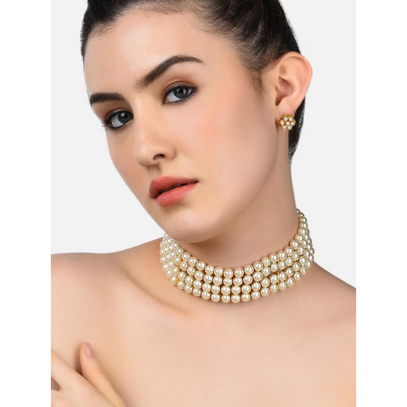 Zaveri Pearls White Gold-Plated Studded Pearls Jewellery Set