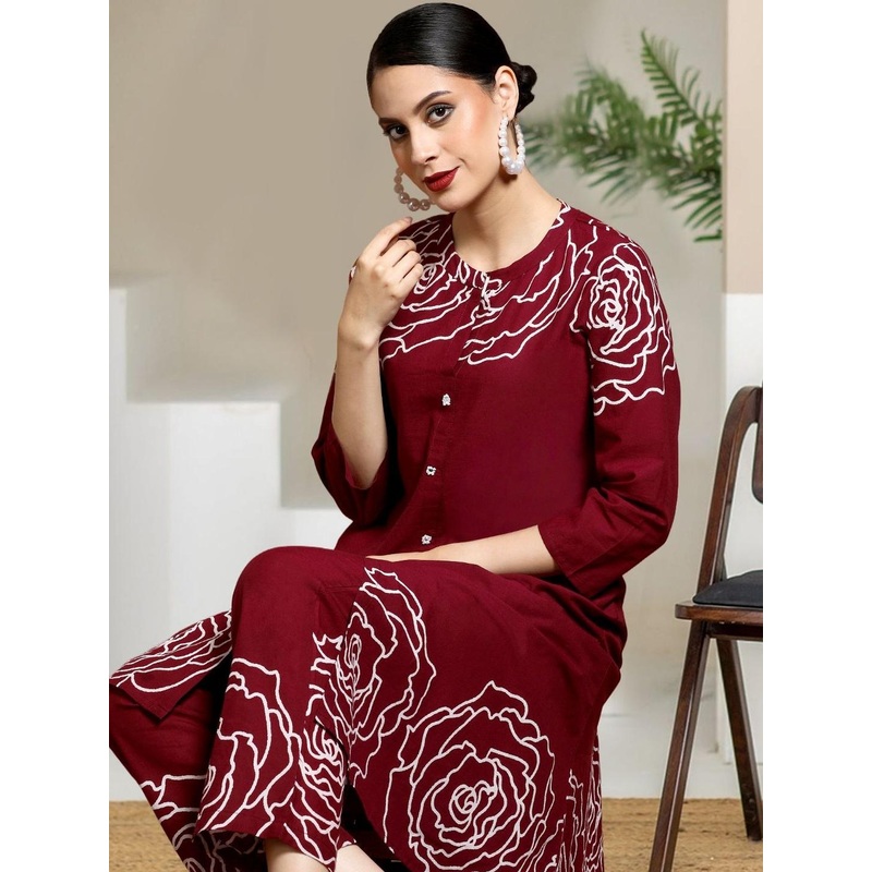 AADVIKA Floral Printed Round Neck Regular Sleeves A-Line Pure Cotton Kurta With Trousers