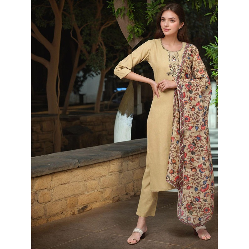 Aaghnya Women Solid Embroidered Kurta with Trousers & Dupatta