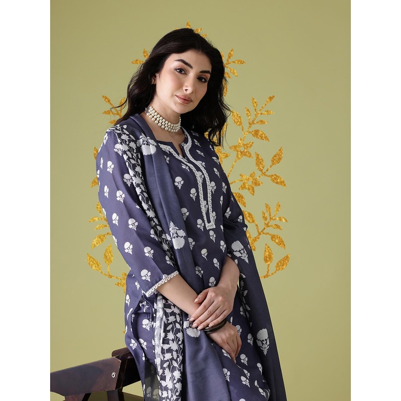 Anouk Women Indie Floral Printed Regular Kurta with Trouser & Dupatta