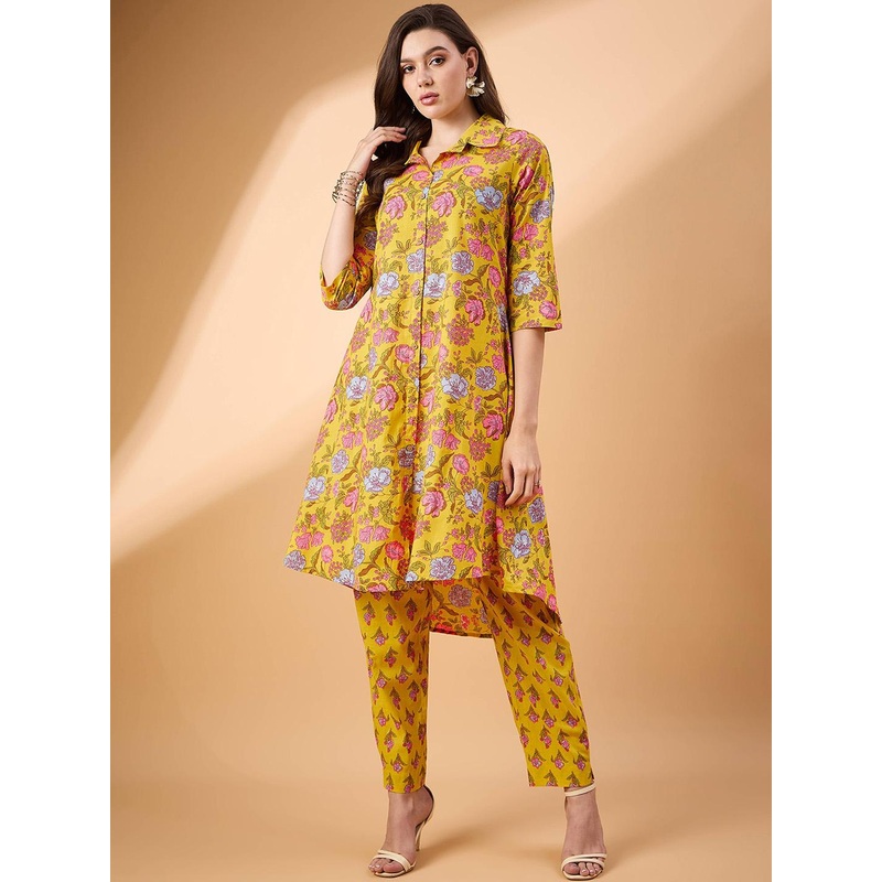 BAESD Floral Printed Shirt Collar Pure Cotton Tunic With Trouser