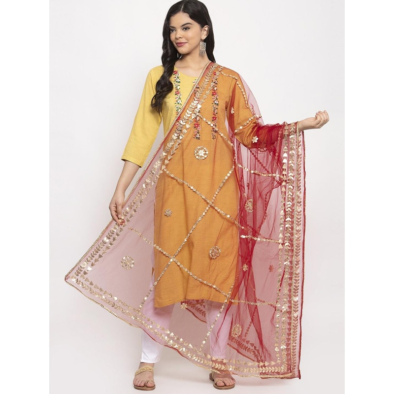 Clora Creation Red & Gold-Toned Ethnic Motifs Dupatta with Gotta Patti