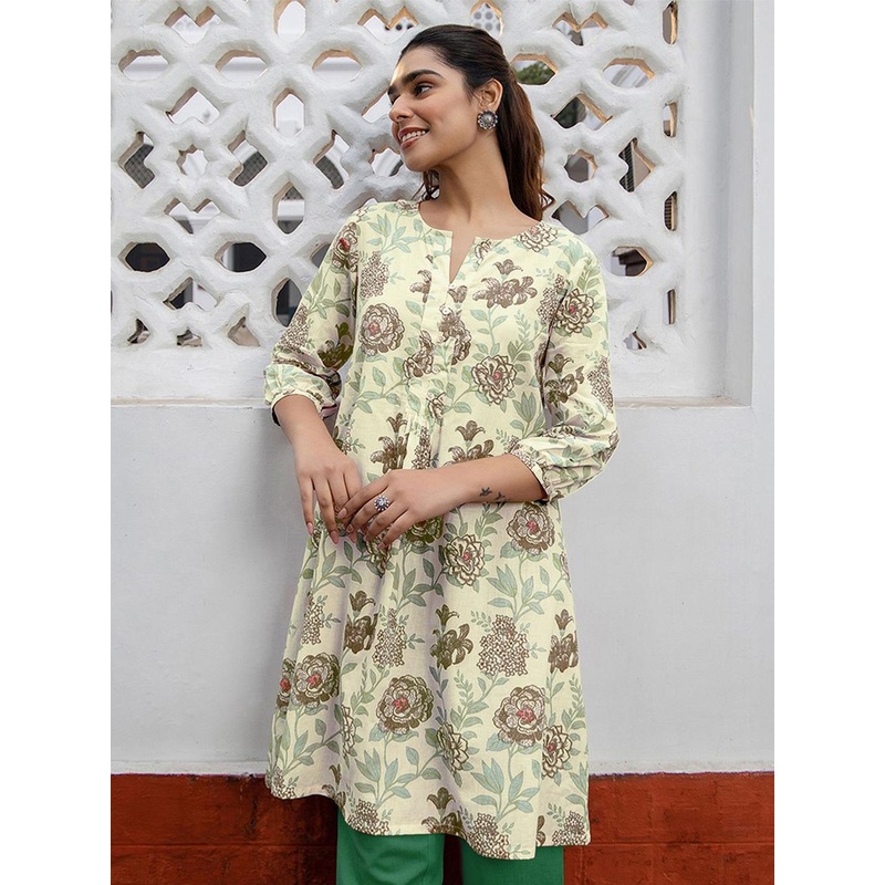 Janasya Women’s Off-White Pure Cotton Floral Printed A-Line Tunic