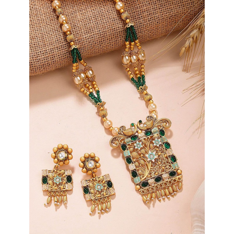 KARATCART Gold-Plated Menakari Rani Haar Necklace Set With Green Beads For Women